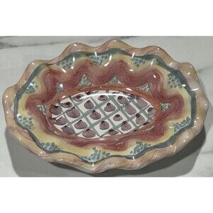 Vintage Mackenzie-Childs Fluted Keukenhof Soap Dish 5”x6” Cottage Core Garden